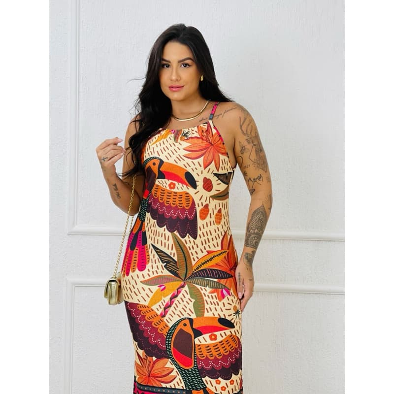 VESTIDO MIDY - vestido feminino flores midi tendência verão estampado tucano tropical estampa flores