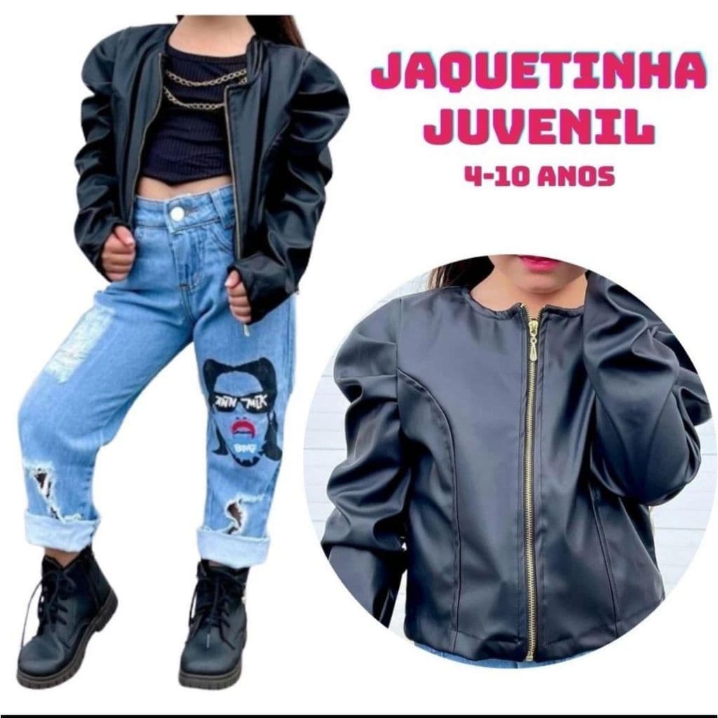 Jaqueta Infantil Feminina Couro Fake Preta Estilo Blogueirinha Menina Jaqueta Preta Infantil