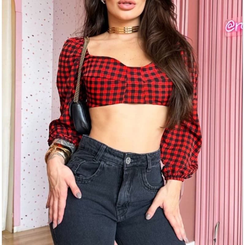 Blusa Feminino Manga longa shadres com Bojos Moda Nova 2025