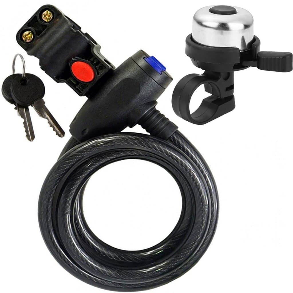Buzina De bike Trim trim Cromada Campainha Sino + Trava Cabo De Aço Cadeado Com Chave Com Suporte para Bike Anti-Roubo