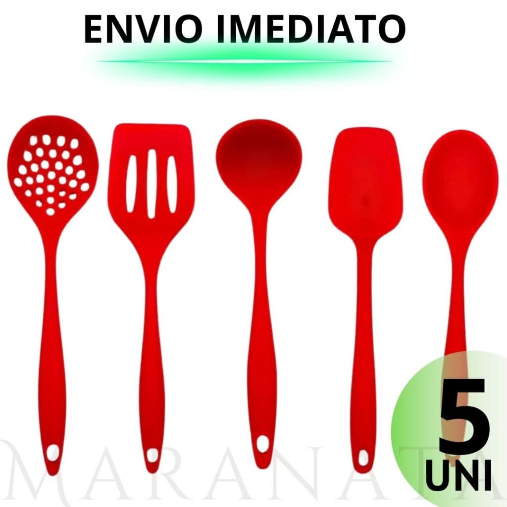 Kit 5 Utensílios De Cozinha 100% Silicone - Casa Cozinha Restaurante Chef Qualidade Premium Resistente Vermelho e Preto Colheres Pegadores de Comida