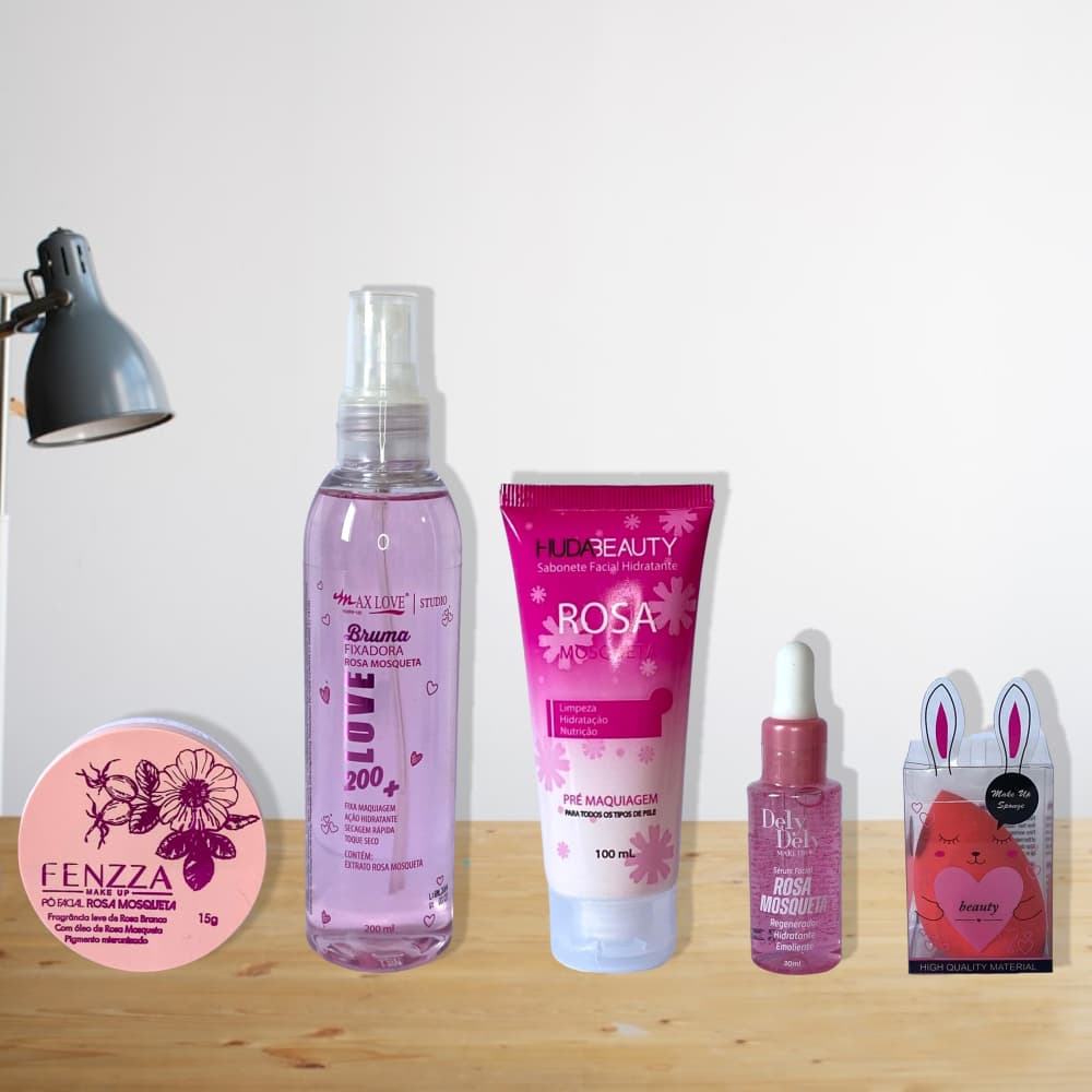 Kit Rosa Mosqueta Pó Facial + Bruma + Sanonete + Serum + Esponja Coelhinho