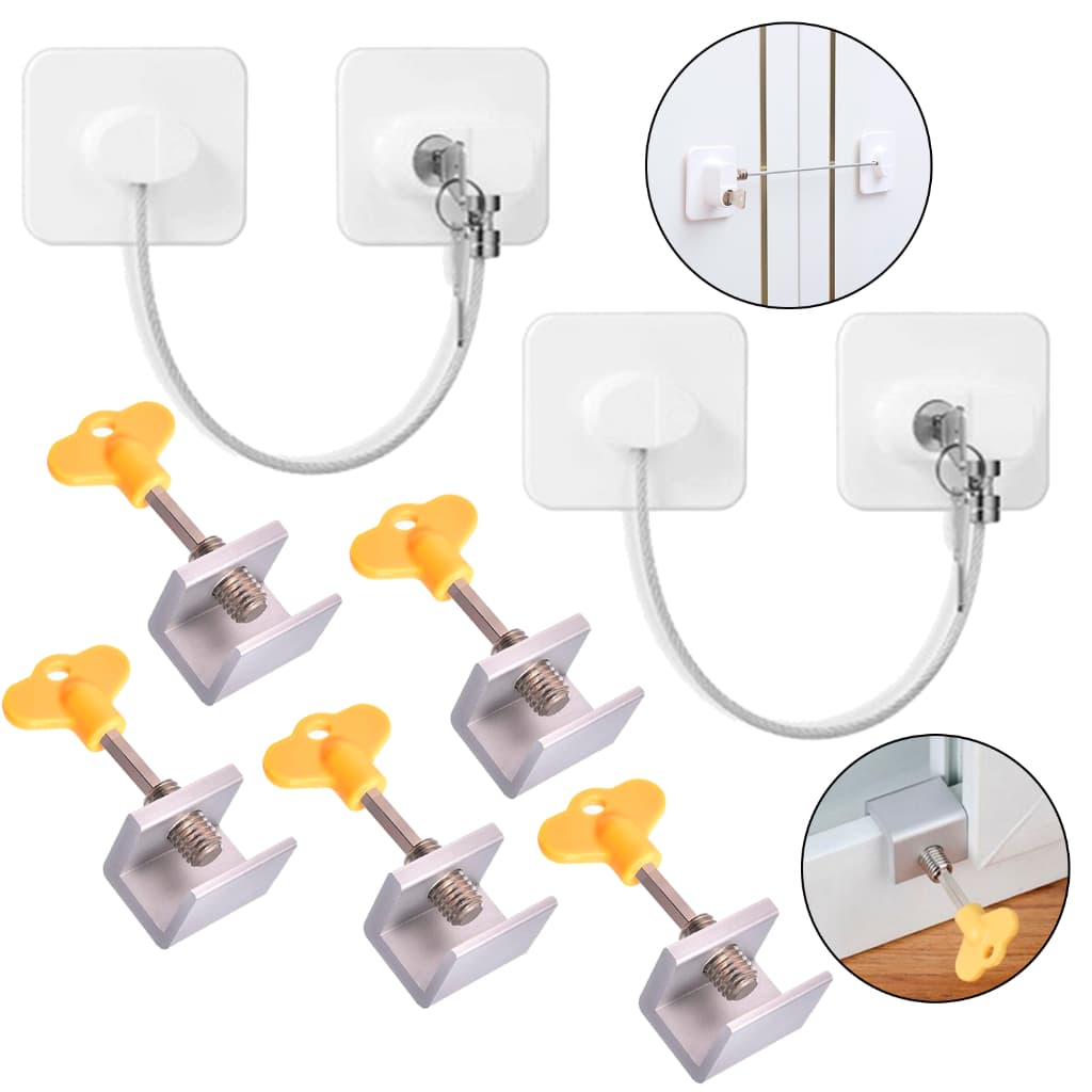 Kit 2 Travas Geladeira Gaveta Porta Correr Adesiva 5 Travas Janela Segurança Branco Sem Furar Chave