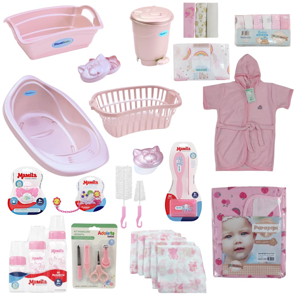 KIT BANHO DO BEBÊ BANHEIRA 22L COM ENXOVAL COMPLETO CESTO ROUPA SITENS DE HIGIENE FRALDAS MAMADEIRAS LIXEIRA ACESSÓRIOS