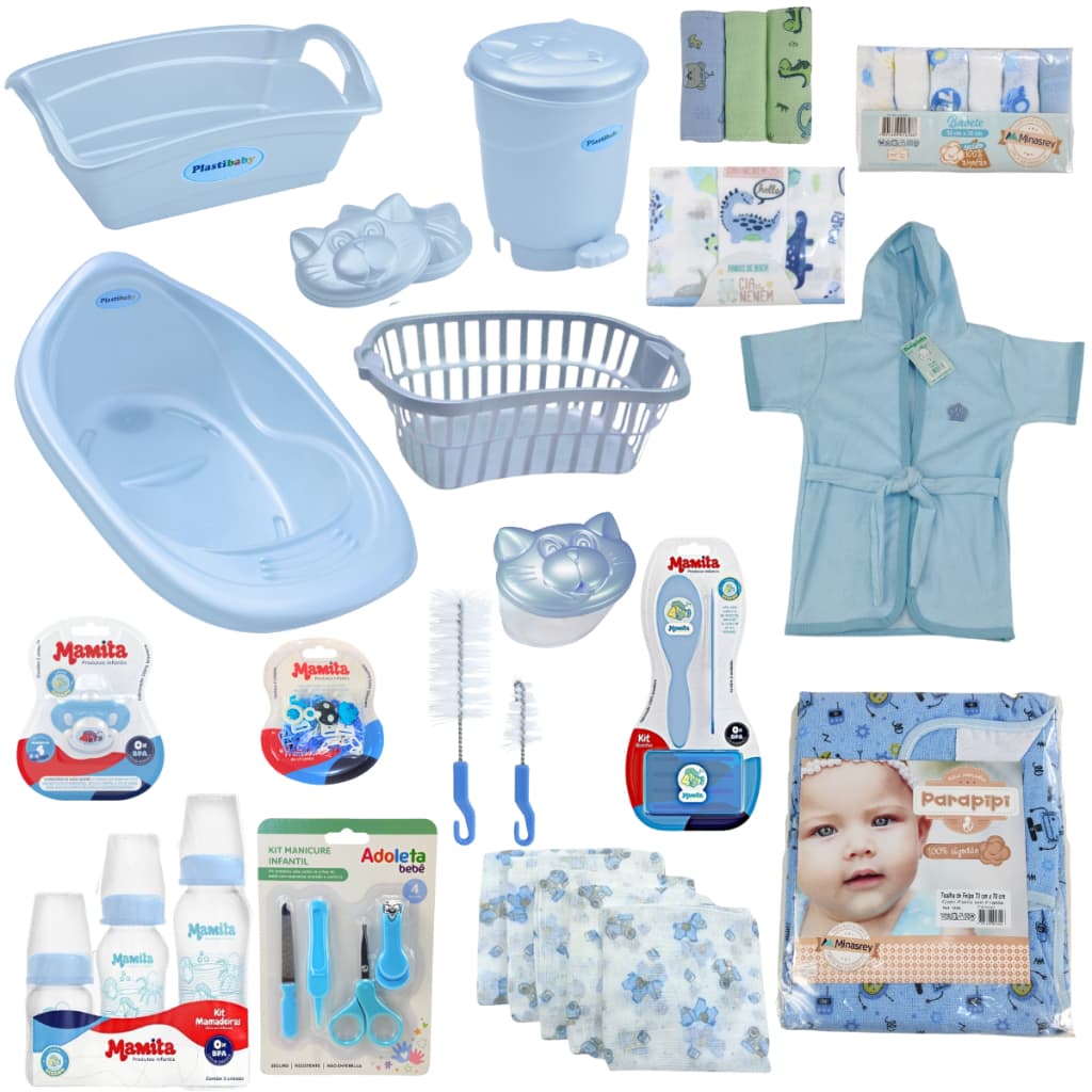 KIT BANHO DO BEBÊ BANHEIRA 22L + ENXOVAL COMPLETO CESTO KIT HIGIENE FRALDAS MAMADEIRAS LIXEIRA E ACESSÓRIOS - AZUL/ROSA