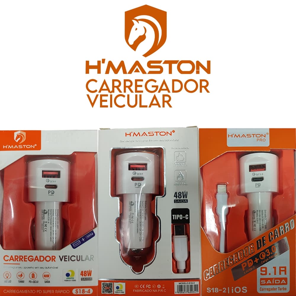 Carregador Veicular 2 Saídas p/ Entrada USB e TIPO C Turbo 9.1A Hmaston S18-4 USB C PD Carro Celular