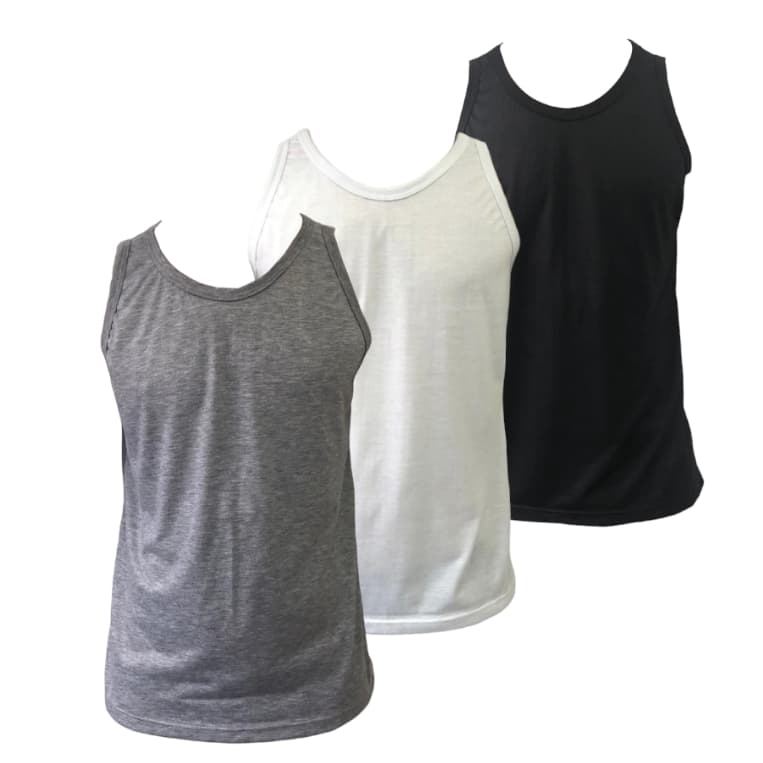 Kit 3 regatas masculinas para sublimar BRANCO, CINZA MESCLA E PRETO 100% poliéster.