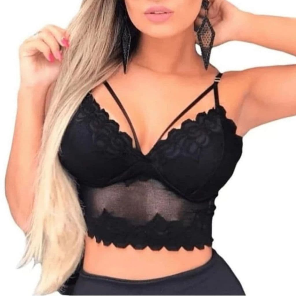 Cropped Strappy com Tiras Duplas Top Feminino Renda com Bojo e Regulagem nas Alças