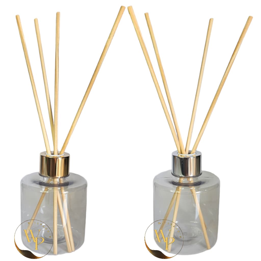 Frasco Pet Cilindrico Ombro Reto 250ml R28 Com Tampa Difusora Luxo Dourado ou Prata Com Vareta de Madeira Para Aromatizantes