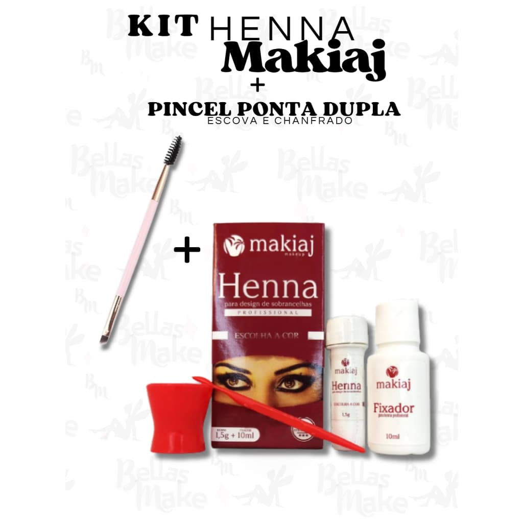 Kit Henna Para Sobrancelhas Makiaj Original + Pincel Duplo Escova E Chanfrado Ruby Anjo