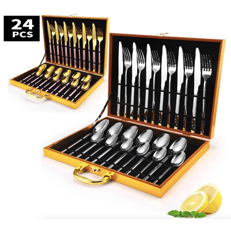 Jogo Talheres 24 Peças Faqueiro Inox Maleta Dourado E Prata Resistente Premium Lindo Moderno Cozinha