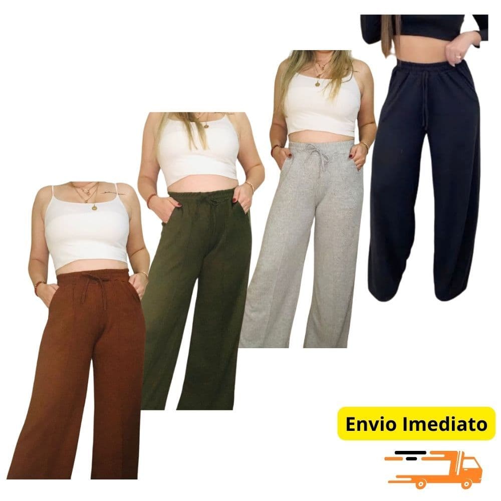 CALÇA PANTALONA FEMINIA LANZINHA COM BOLSO E ELÁSTICO NA CINTURA, WID LEGG, FLARE -MOLETINHO