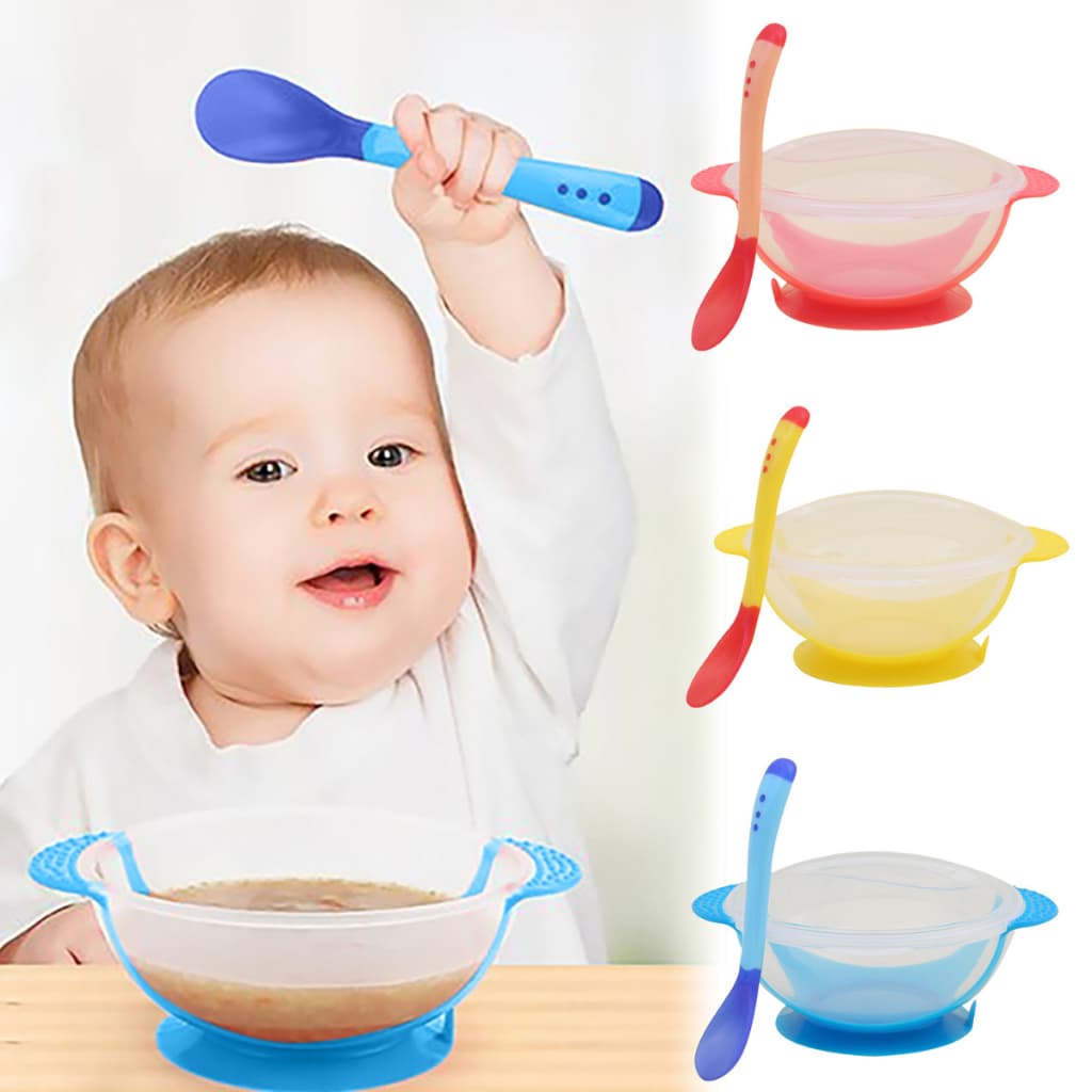 Kit alimentação papinha para bebê livre BPA  Colher com sensor de temperatura tijela com tampa ventosa que gruda na mesa