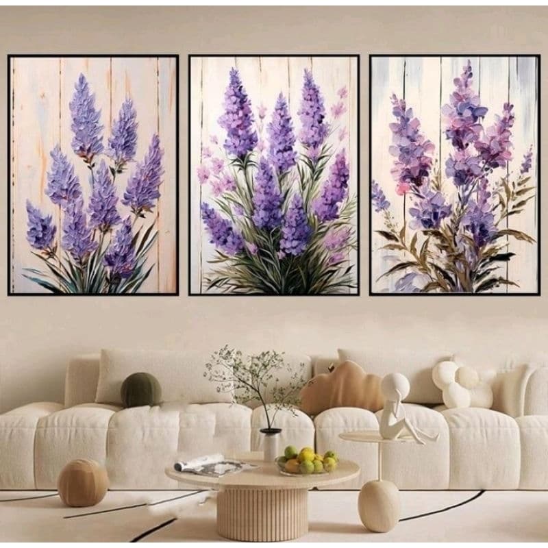 Quadro Decorativo 3 Peças Floral Flores De Lavanda