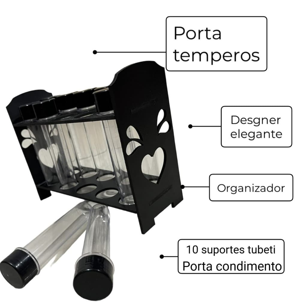 Porta temperos com 10 tubetes acrílico Porta condimentos Preto organizador de tempero