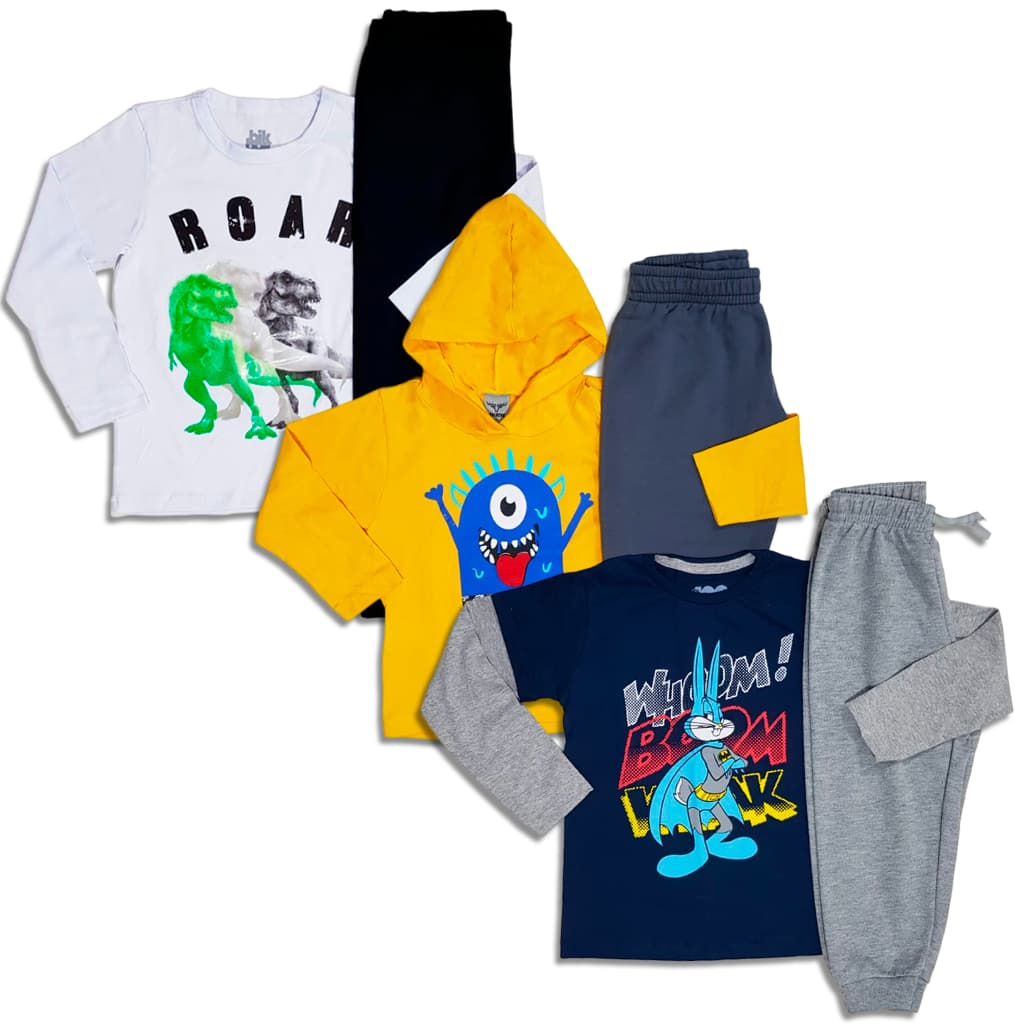 Kit 06 ou 04 Peças 03 ou 02 Conjunto Menino Camiseta Manga Longa + Calça Meia Estação Inverno