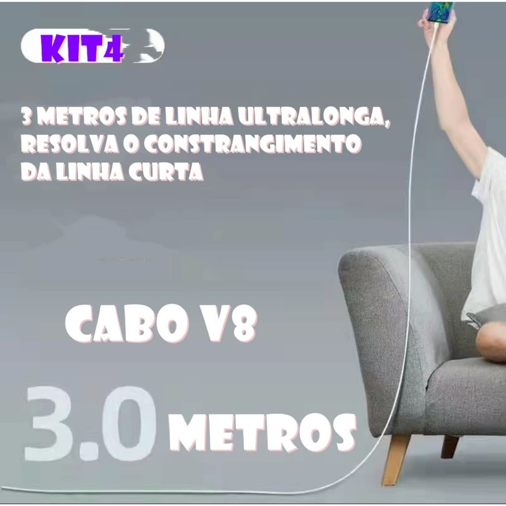 Kit4 Cabo Carregador e Dados Inova 3 Metros android v8 pano de náilon trançado