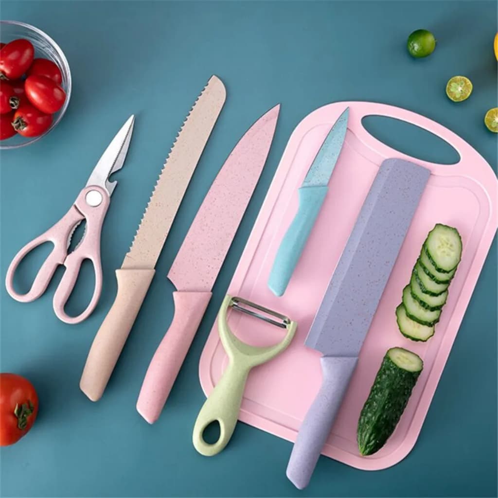 Kit Conjunto de Facas Coloridas Tesoura Descascador Cozinha Gourmet 7 Peças