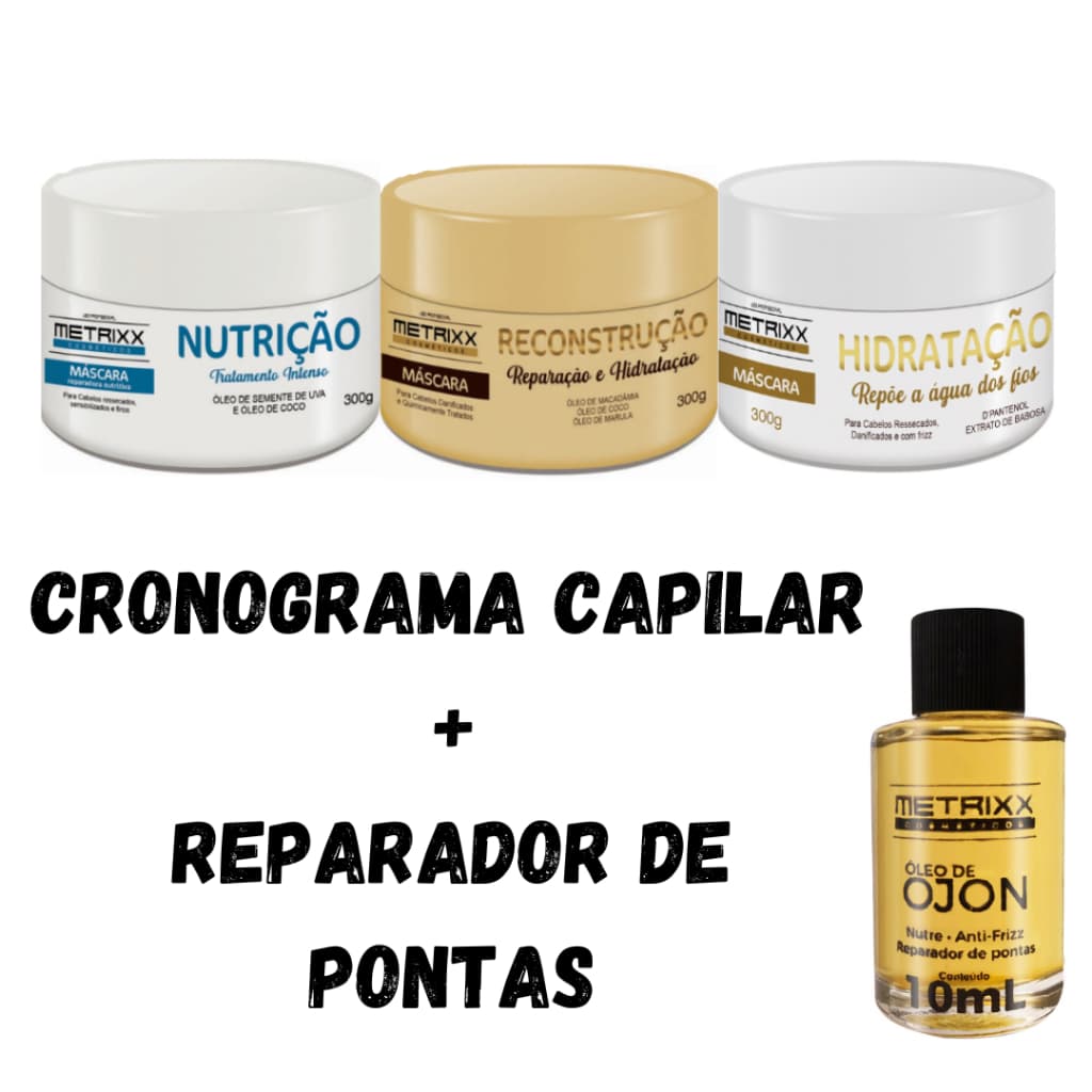3 Máscara Capilar Nutrição Hidratação Reconstrução + Óleo Redutor de Pontas Metrixx