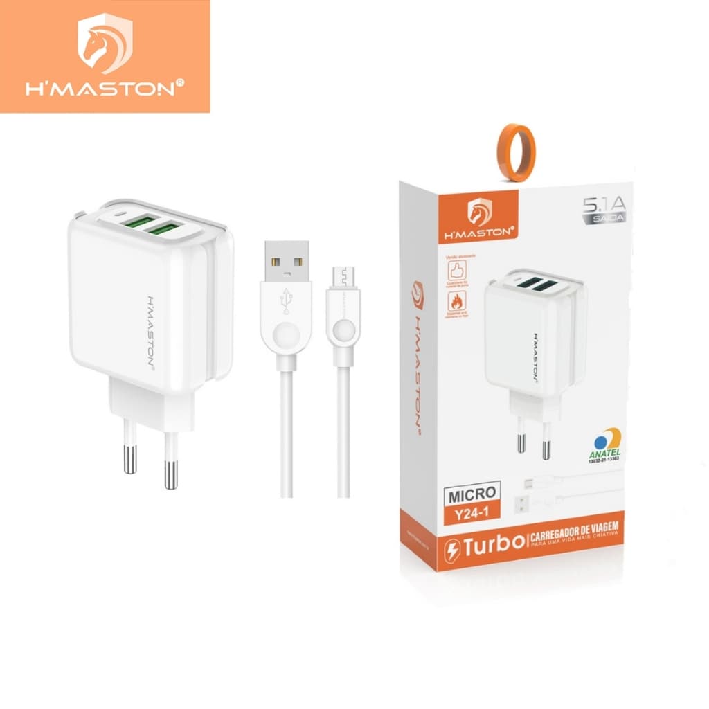 Y24 Carregador Turbo 25w Fonte Torre Carregar Portátil 2 Usb 5.1A Com Cabo Usb
