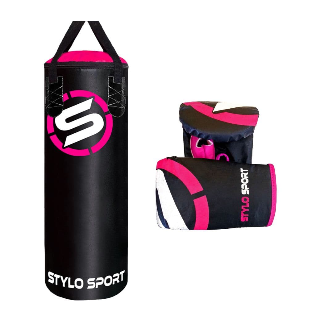 Saco De Boxe Pancada Muaythai Mma Stylo 70x90 Preto Com Rosa + 1 Luva Bate Saco Adulto
