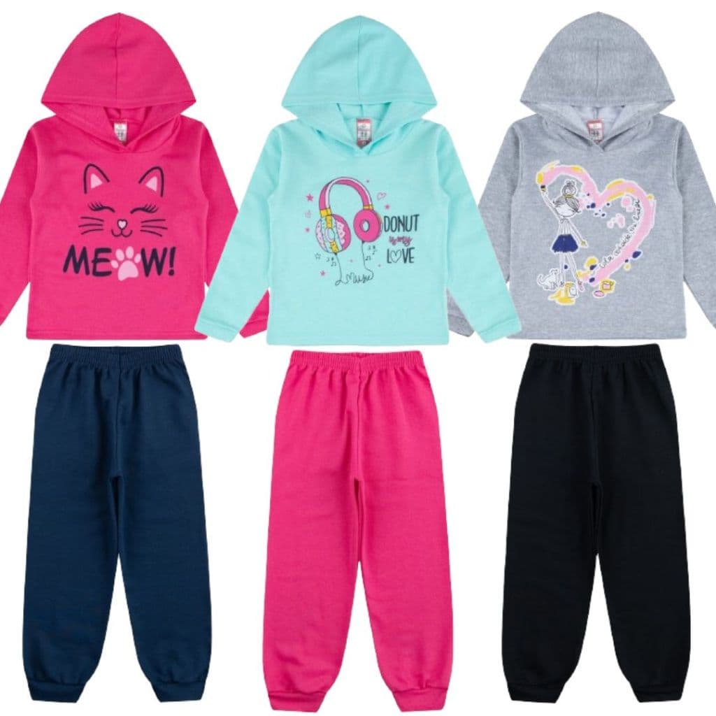 Kit 3 Conjuntos Moletom Infantil Algodão Feminino com Capuz 6 Peças Sortidas Tamanho 1 ao 14