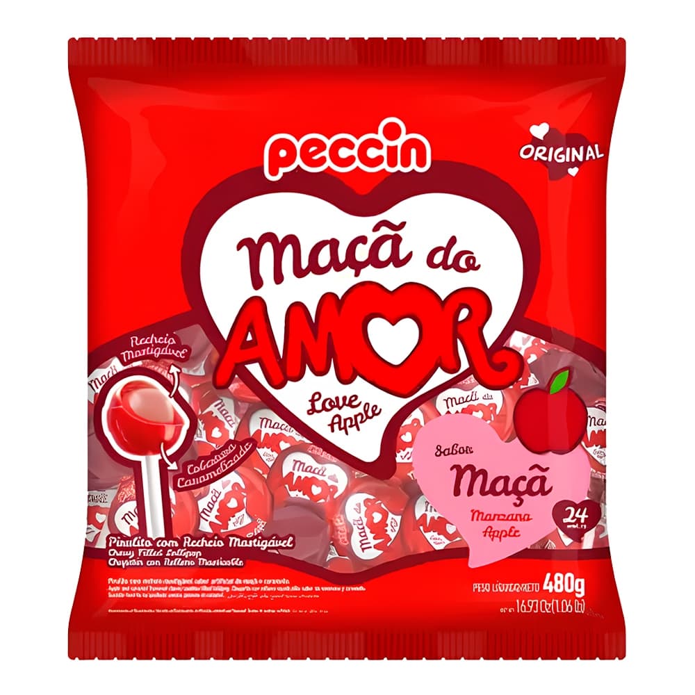 Pirulito Maçã do Amor Com Recheio Mastigável Love Apple Peccin  - 24Unid