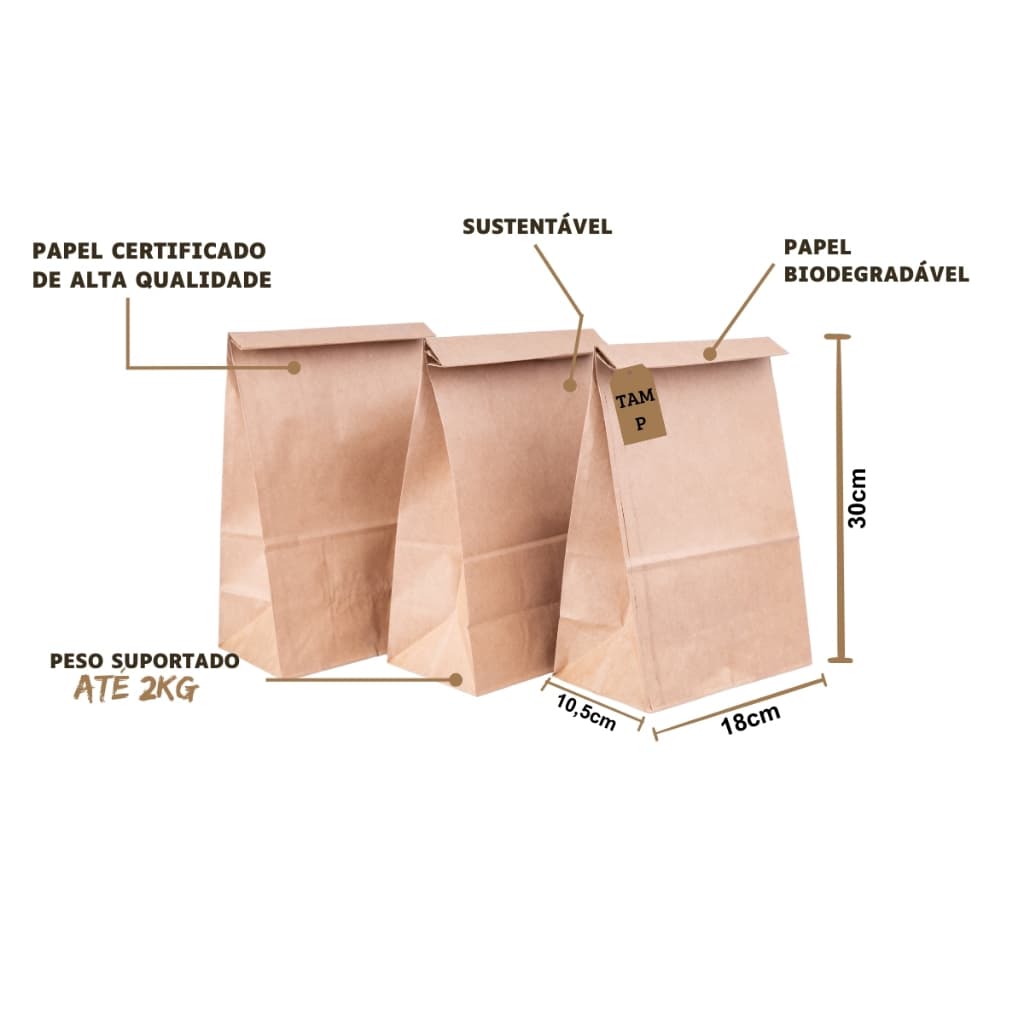 Kit Saco De Papel Tamanho P 18x30x10,5 Cm Kraft Lisa Na Cor Pardo - Para Delivery Food Presente Entrega