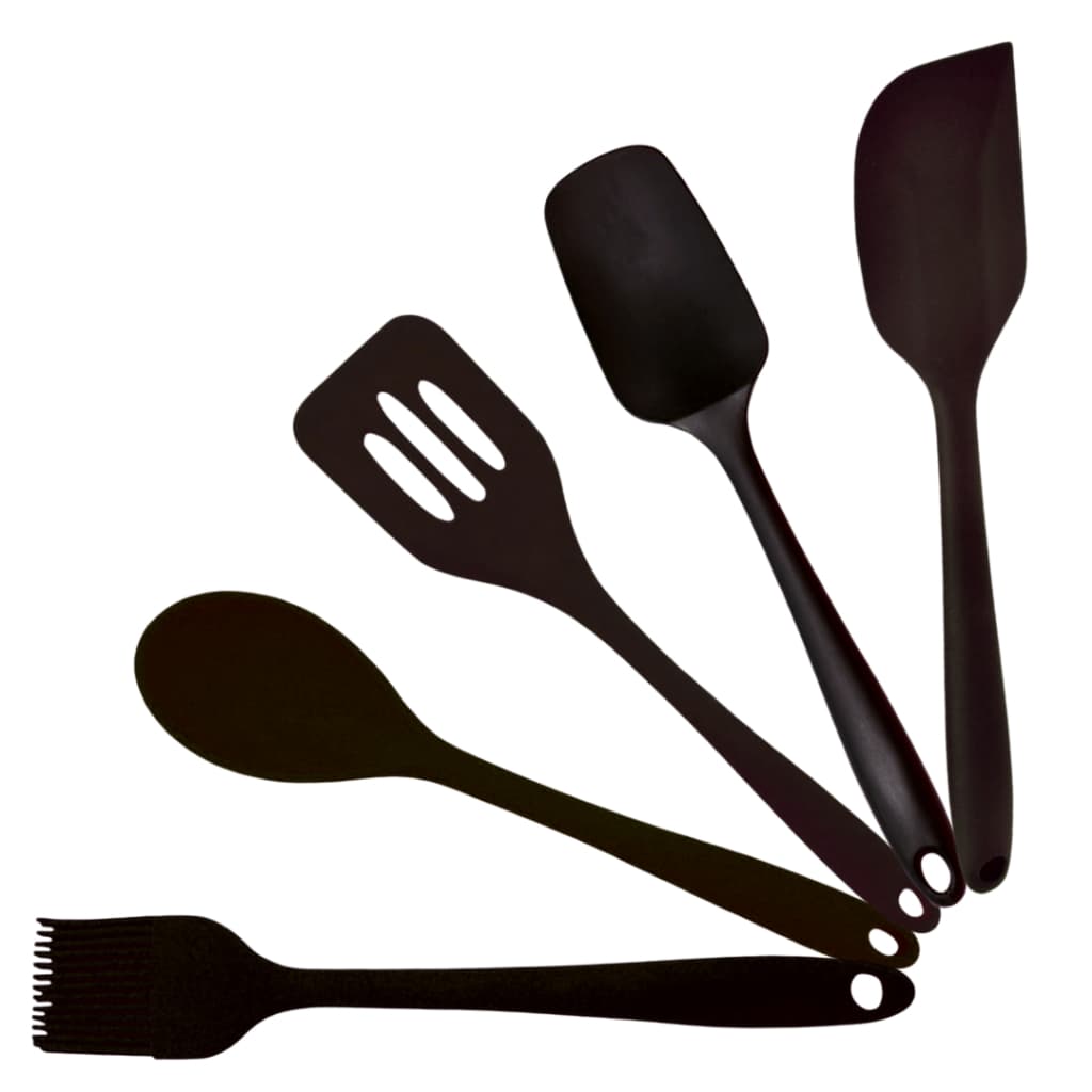 Kit Utensílios de Silicone 5 Peças Preto para Cozinha Linha Premium Alta Qualidade Versátil Doces e Salgados Espátula Pincel