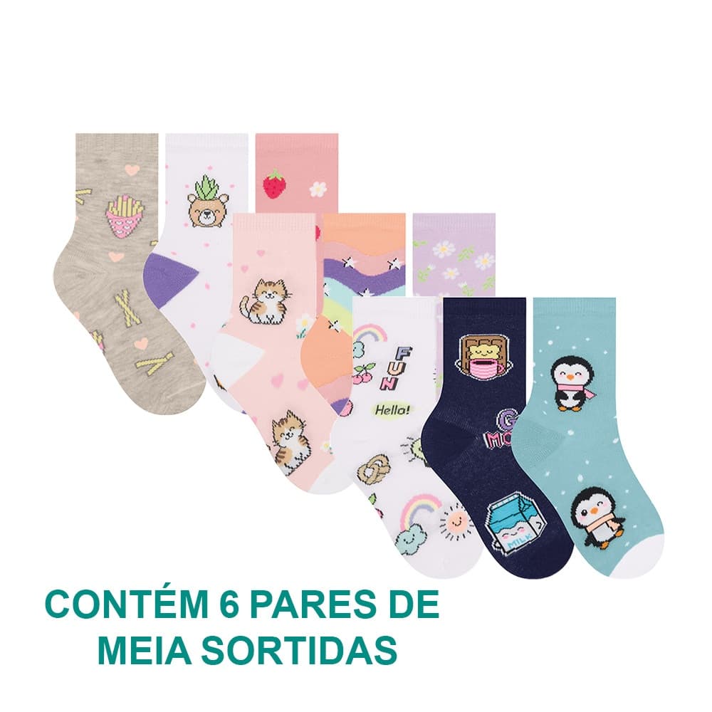 Kit 6 Pares De Meias Menino Menina Infantil Selene Calcanhar Verdadeiro Estampada