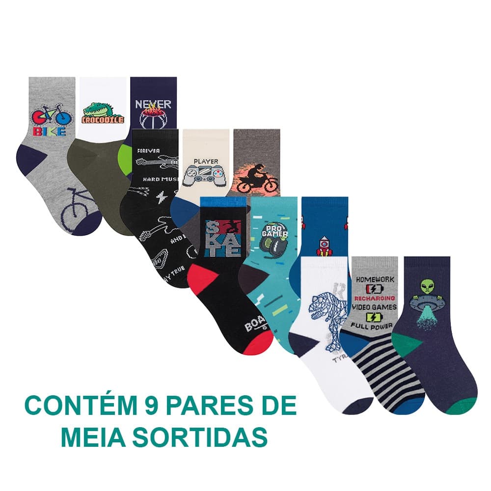 Kit 9 Pares De Meias Menino Menina Infantil Selene Calcanhar Verdadeiro Estampada