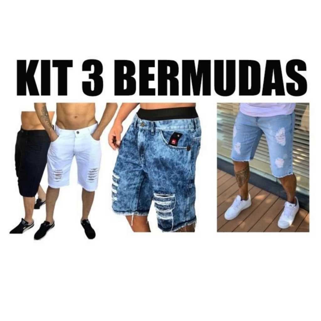 Kit 3 Bermuda Jeans rasgada masculino com lycra a preço de fabrica