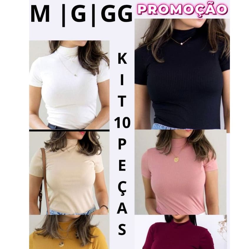 Kit 10 Blusa Canelada Gola Alta Manga Curta Moda Feminina