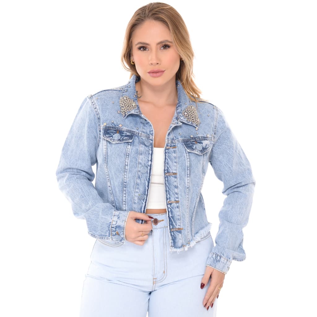 Jaqueta Jeans Feminina Curta Com Pérola