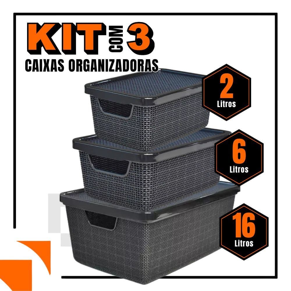 Kit 3 Caixas/cesto Organizador Jutta 2l, 6l E 16l Preto  Cesto Organizador Gavetas Guarda-Roupas Arm