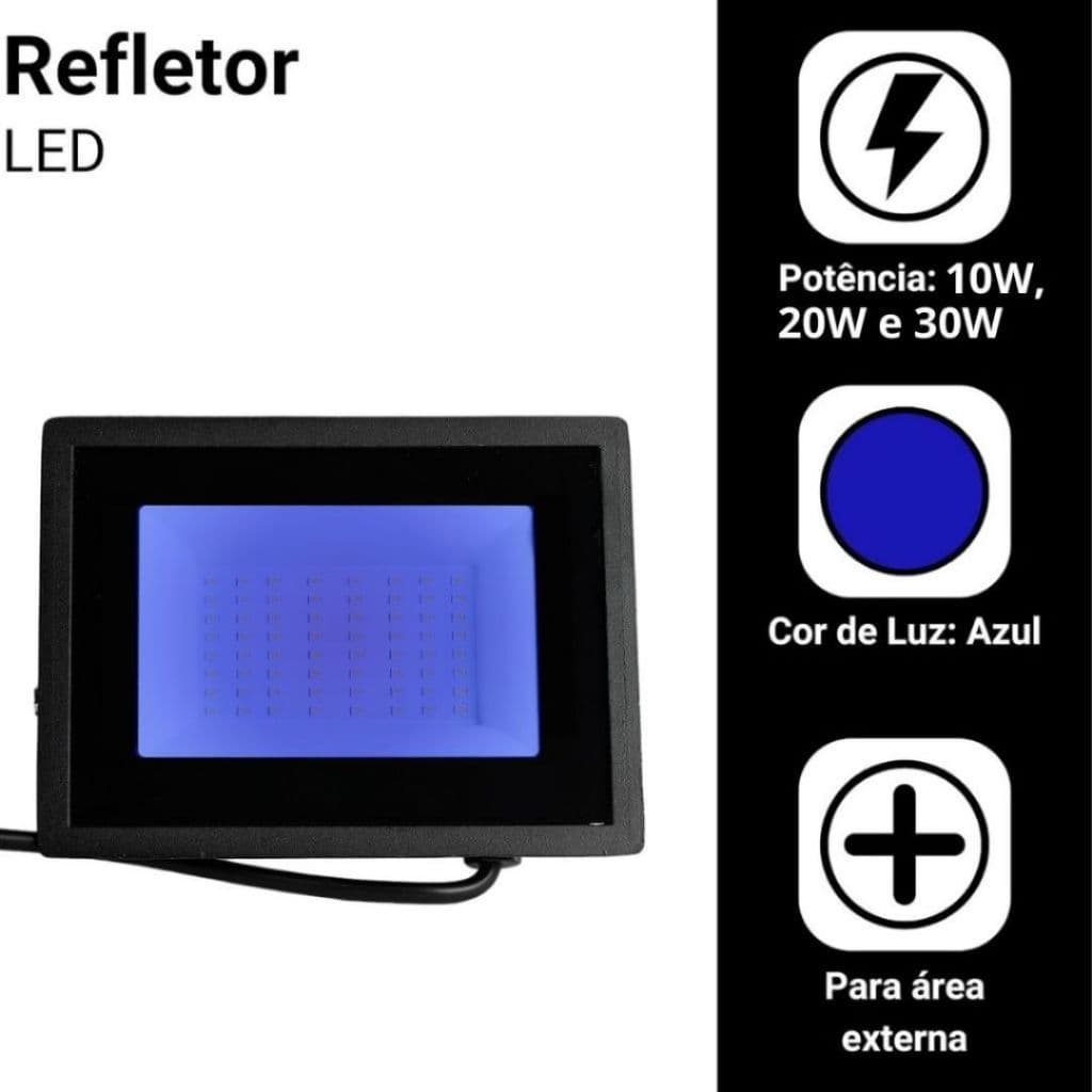 Refletor Holofote Cor Azul 10W, 20W e 30W Bivolt A Prova D'Agua E Baixo Consumo De Energia