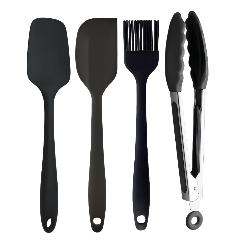 Kit Utensílios de Cozinha Em Silicone Preto 4 Peças Jogo Culinário Alta Qualidade Com Pegador C/Trava