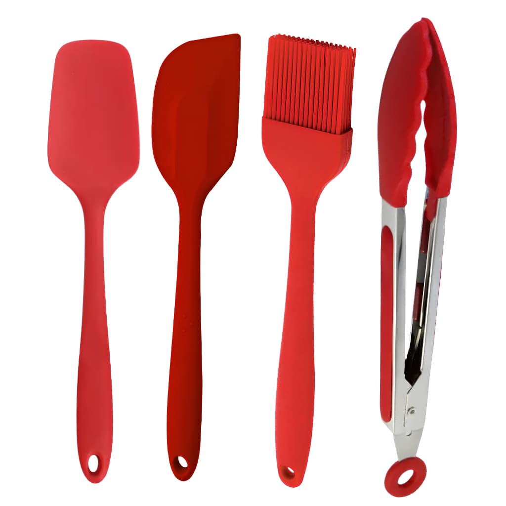 Kit Utensílios de Cozinha Em Silicone Vermelho 4 Peças Jogo Culinário Alta Qualidade Com Pegador C/Trava