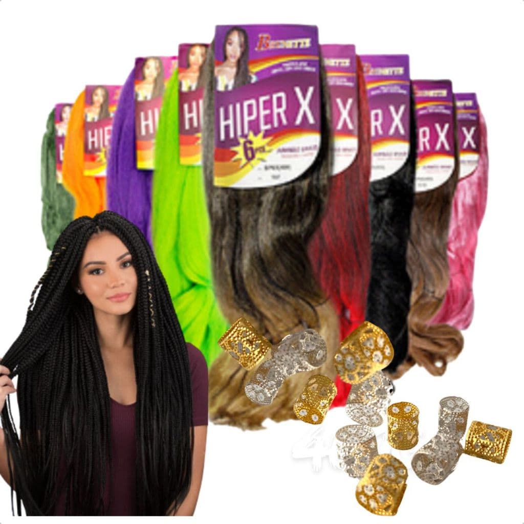 Kit 2 Cabelo Jumbão Hiper x Preto Cor 1 + 5 Aneis de trança