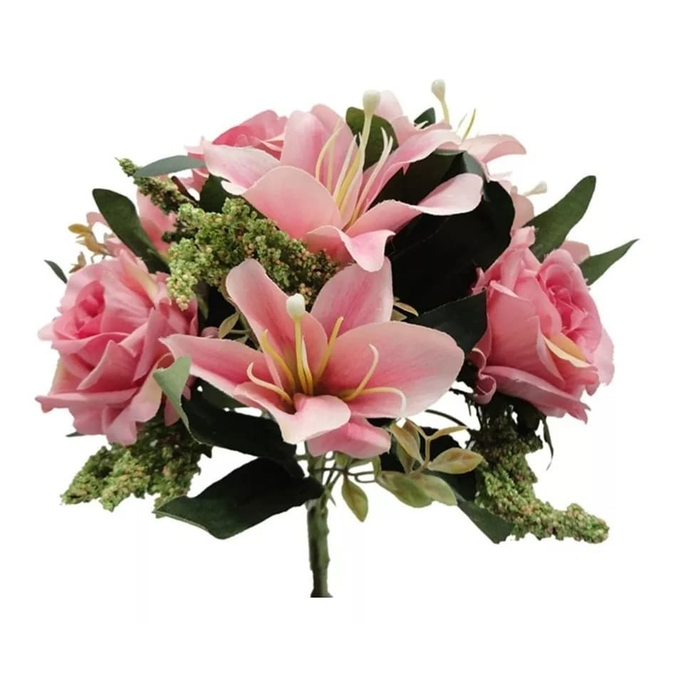 Buquê De Rosas e Lirios Com folhagem Flor Artificial Para Decoração Casamento