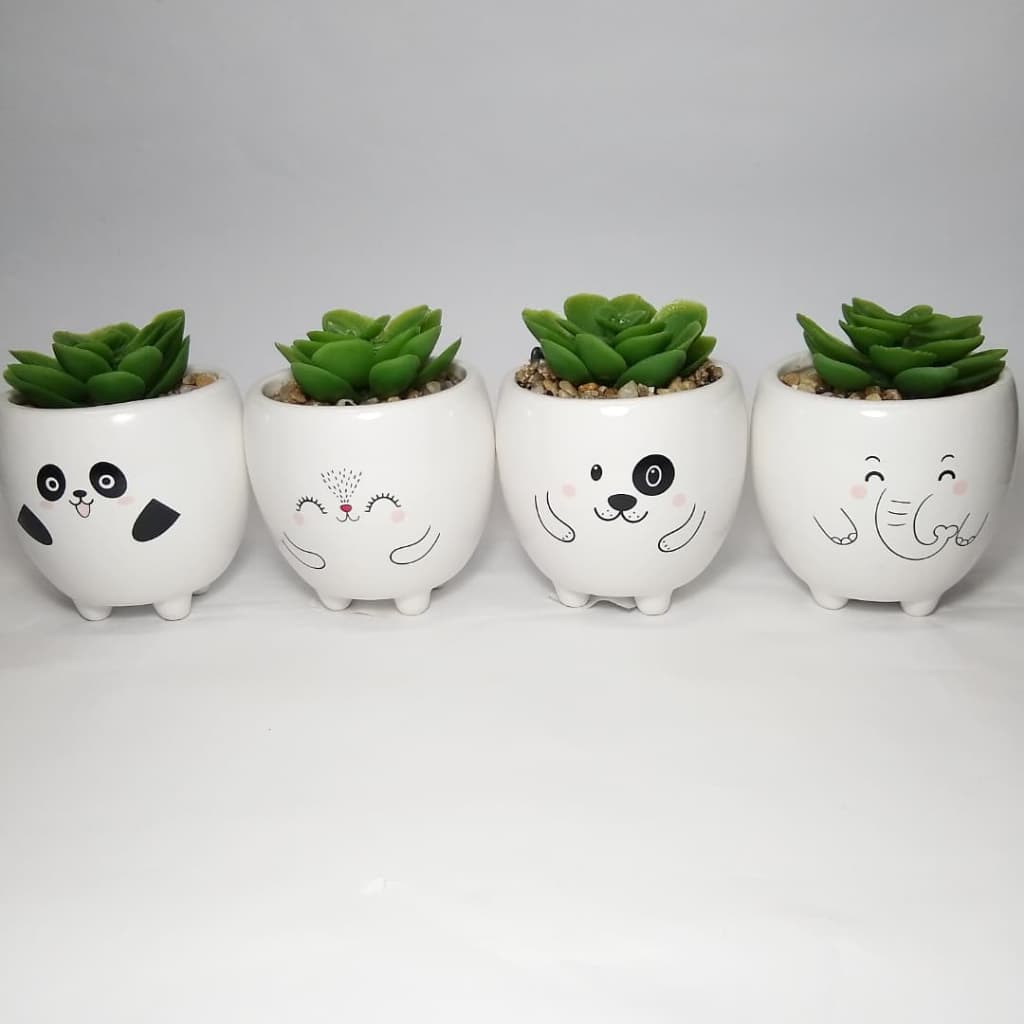 Vaso com Suculenta Artificial - Vaso Animais Fofos - Vaso Cerâmica