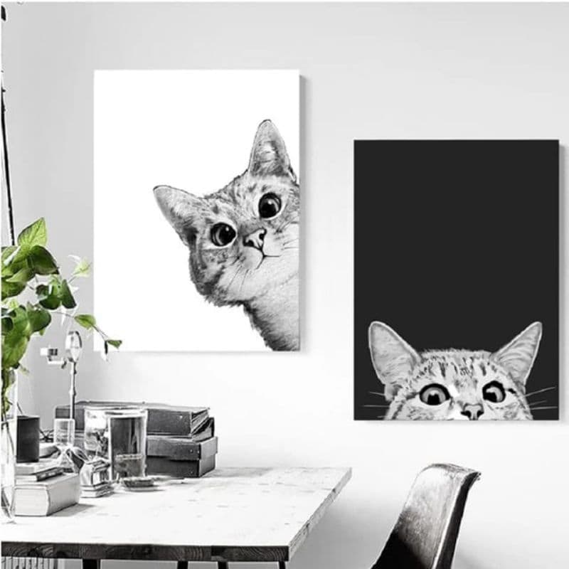 Kit Quadro Gato preto e branco 2 peças quadros decorativos pet shop consultório veterinário gato HD