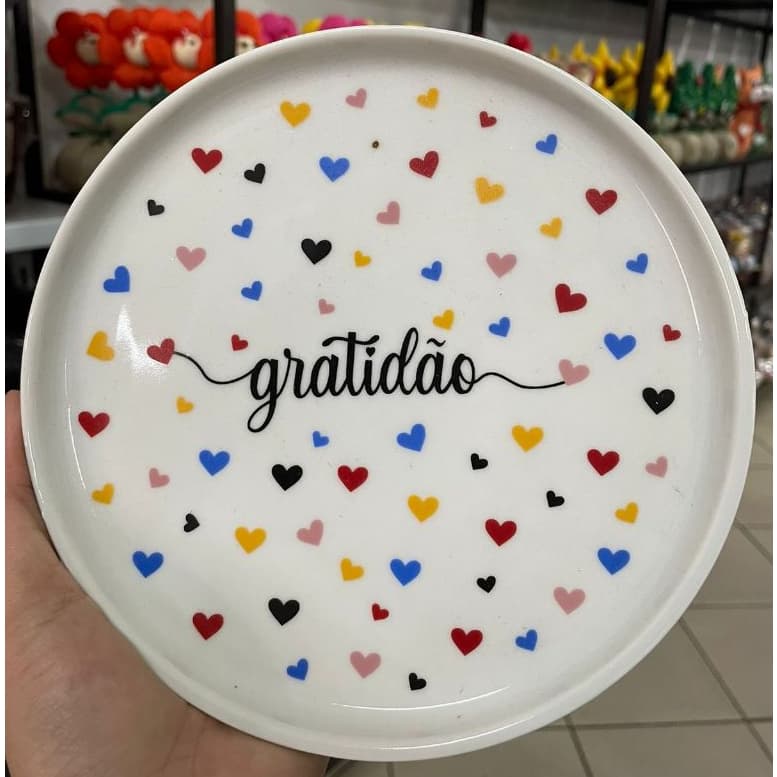 Prato De Sobremesa Em Porcelana Poá Coração Escrita Frase Gratidão 18cm