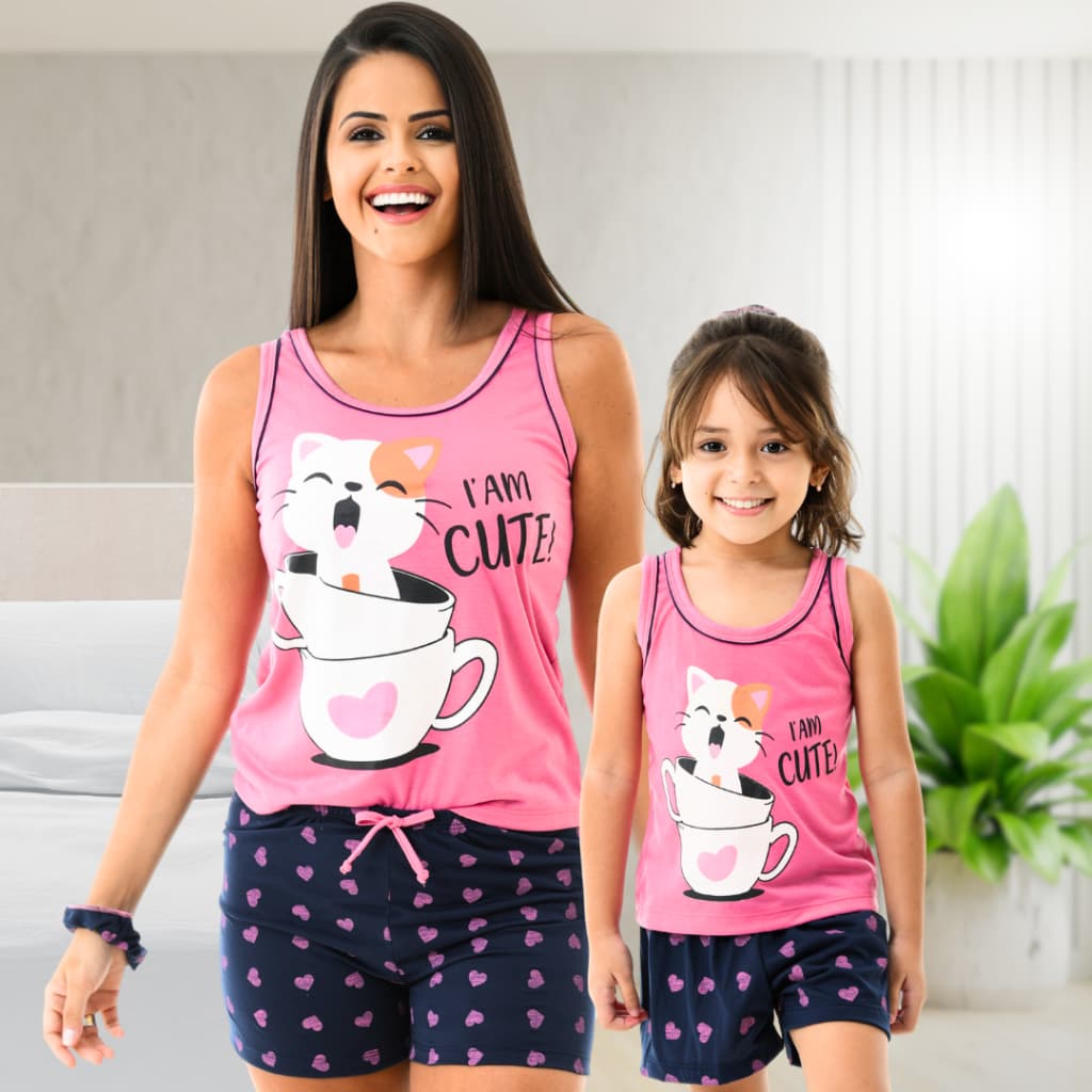 Kit 2 Pijamas conjunto Short Doll Baby Doll Mãe e Filha Master Confort estampado POP