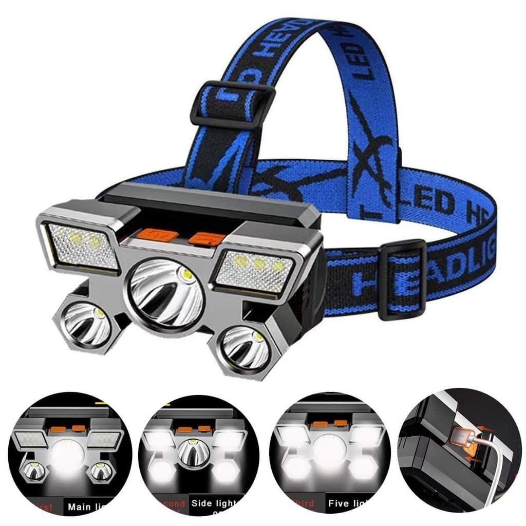 Lanterna de Cabeça LED 4 Modos Iluminação Recarregável USB Ajuste 90º ref: 82036 ou T5