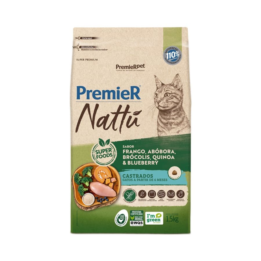 Ração Premier Nattu para Gatos Adultos Castrados Sabor Abóbora - 1.5kg