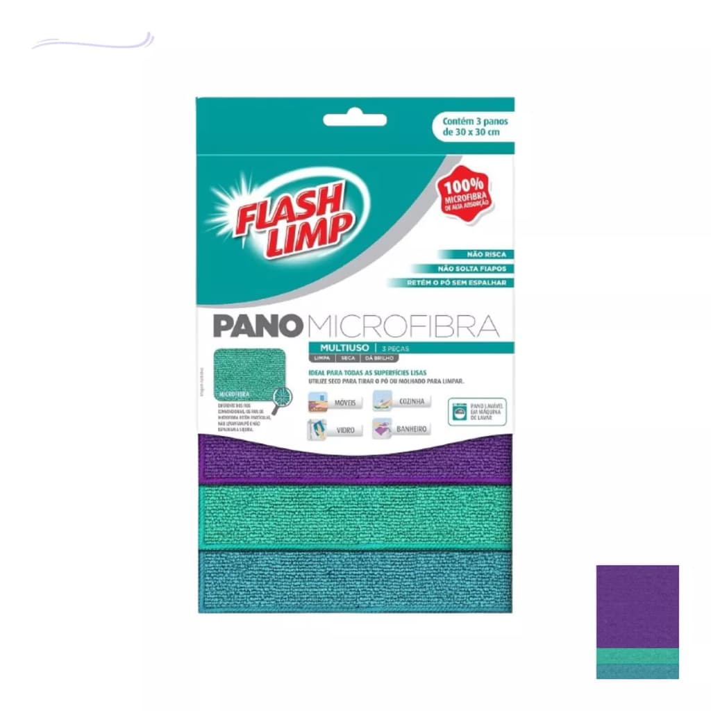 Pano Microfibra Multiuso FlashLimp 3 Unidades Alta Absorção FL6742 Premium Limpeza Geral Auto Móvel
