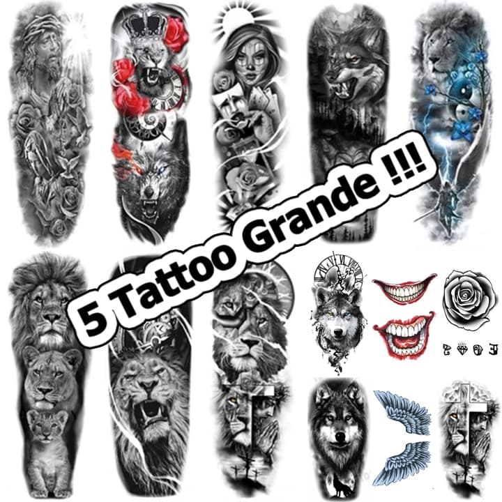 Kit 5 Tatuagem Temporaria Prova D agua Grande Falsa Fake Adesiva Tattoo Tatoo Tatuagens Mão Pescoço