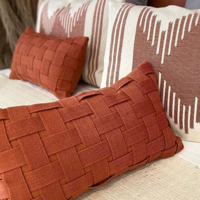 Capa de Almofada Artesanal Trançada 30 x 50 Baguete Retangular com Ziper Algodao Terra Cota Decoraçao Sala Quarto Sofa