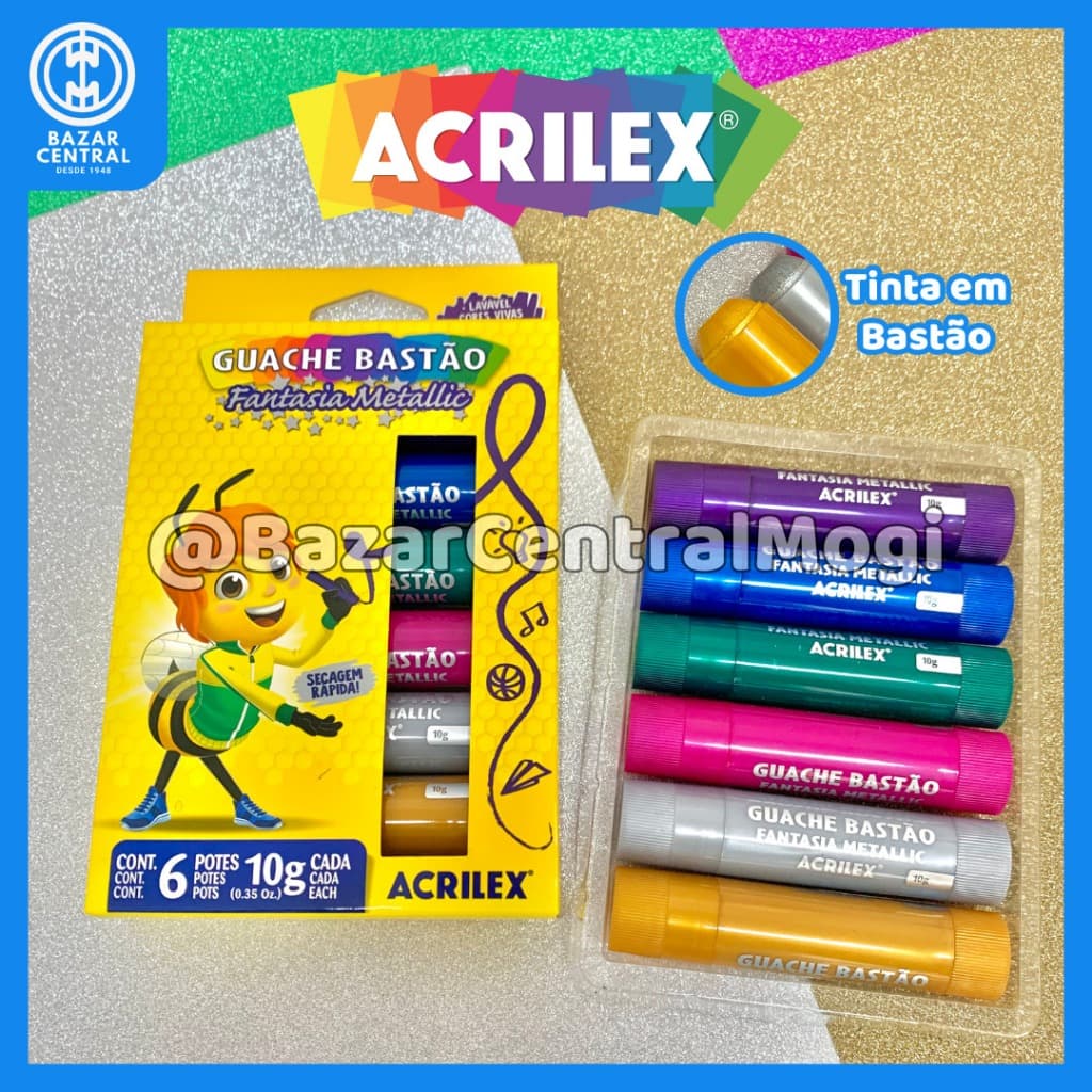 Guache Bastão 6 Cores Fantasia Tinta Metálica Acrilex Metallic